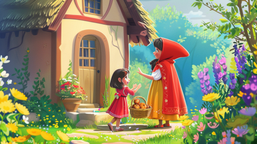 Red Riding Hood with basket says goodbye to mother. Red Riding Hood with basket says goodbye to mother.