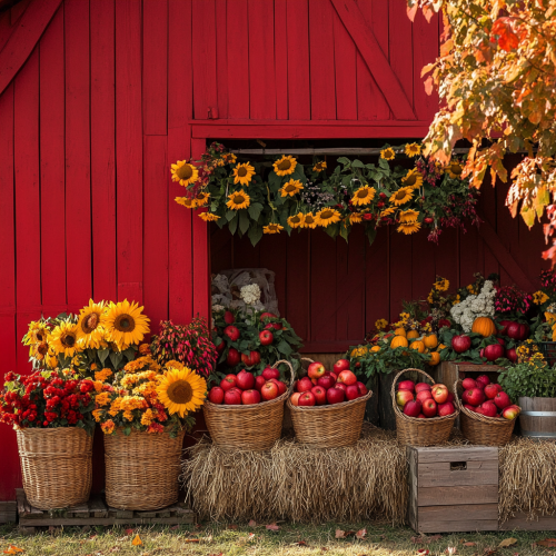 Red barn front with apples, hay, sunflowers - fall vibes.