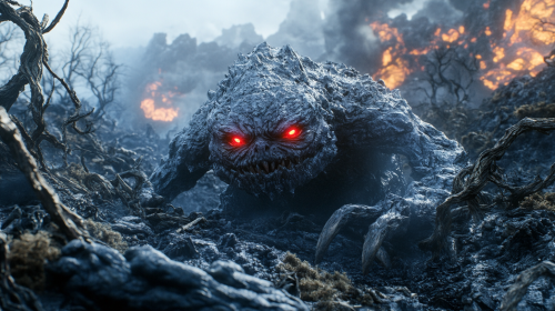 Red-eyed Mutant Crawling in Burned Landscape