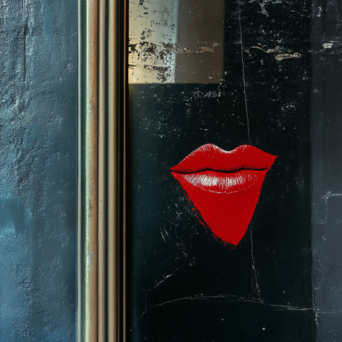 Red lipstick close-up in mirror, resembling movie poster
