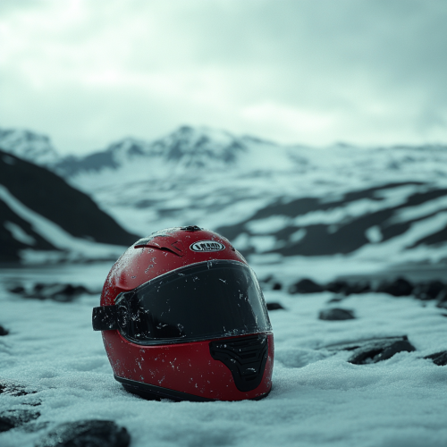 Red motorcycle helmet in snowy mountain landscape