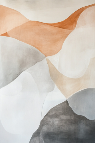 Refined abstract painting in beige, greys, terracotta tones.