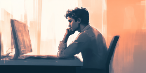 Reflecting on Career: Thoughtful Person in Office Environment