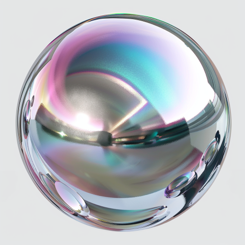 Reflective metallic orb against transparent background, iridescent.