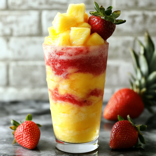 Refreshing drink with pineapple slush and strawberry purée swirls, visually appealing.