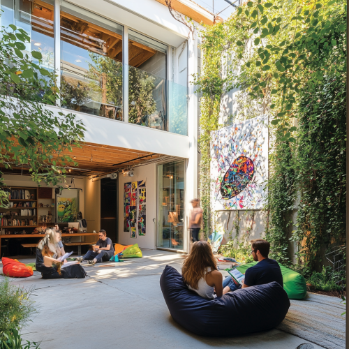 Relaxed environment with bean bags, outdoor patio, art materials.