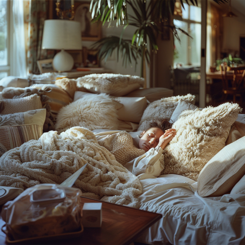 Relaxed person in cozy living room with takeout