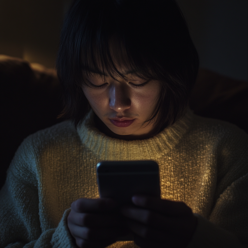 Relaxed person texting on iPhone in soft lighting