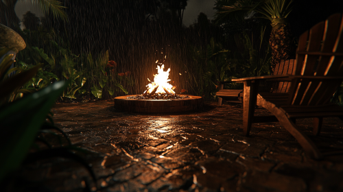 Relaxing by Campfire After Light Rainfall at Night