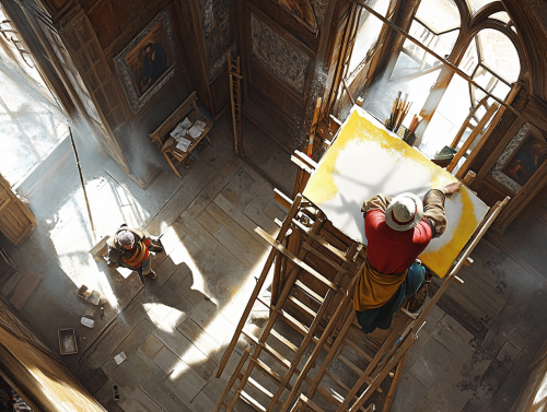 Renaissance artists painting chapel ceiling with supplies on scaffold