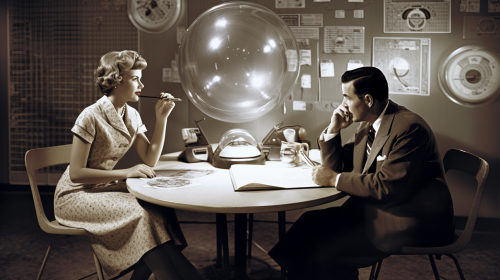 Retro-futuristic office scene with diverse animated discussions