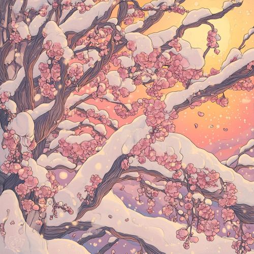 Retro magical illustration of snowy cherry blossoms at sunset.