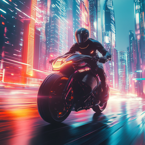 Rider on futuristic motorcycle in neon-lit cityscape