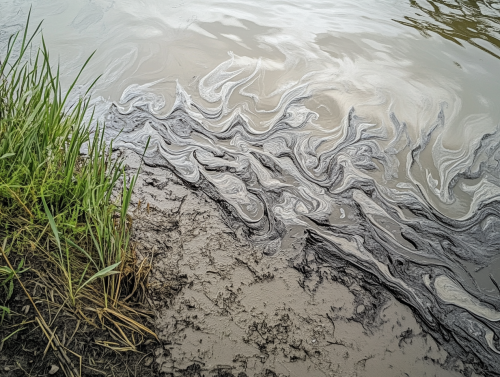 River bank with calm water, grasses, shrubs and mud.