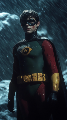 Robin stands in dark fantasy landscape in rain.