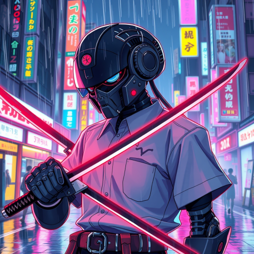 Robot slicing rain in neon city with katana.
