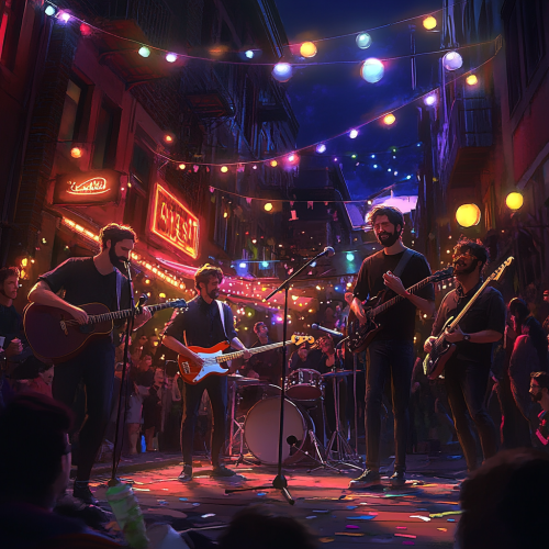 Rock band performing, people gathered, having fun on streets.