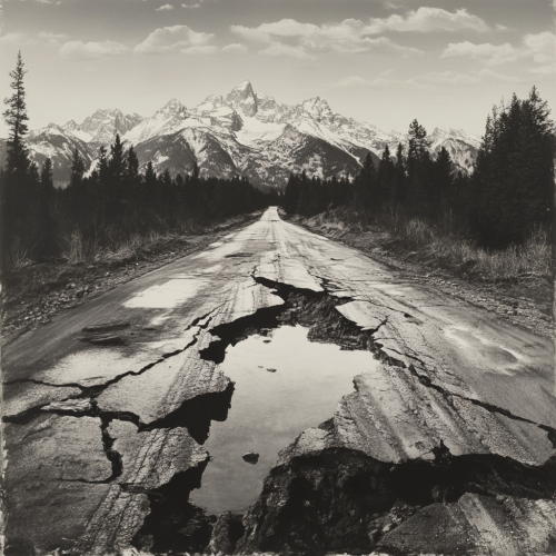 Rocky Mountains with cracked road and deep crevasse