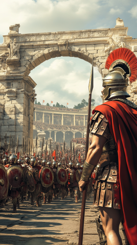 Roman leader with soldiers and architecture in background. Roman leader with soldiers and architecture in background.
