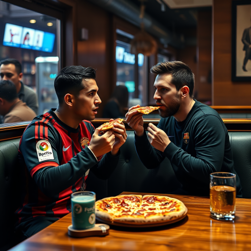 Ronaldo and Messi Enjoying Pizza in Surreal Restaurant