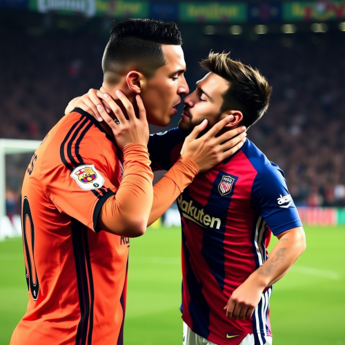 Ronaldo kissing Messi after soccer game in Spain.