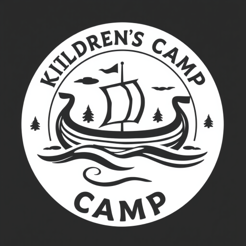 Round logo of Viking longboat for children's camp.