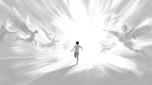 Running Figure Towards Radiant Angels, Uplifting and Joyful Running Figure Towards Radiant Angels, Uplifting and Joyful