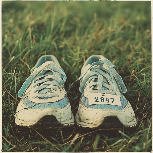 Running Shoes and Runner's Tag on Grass