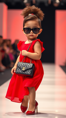 Runway baby strutting in style with Chanel bag.