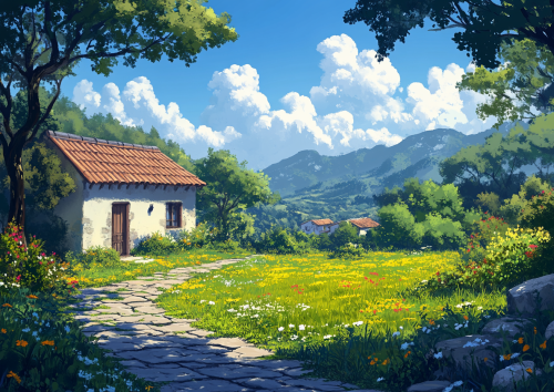 Rustic Courtyard with Bright Colors and Beautiful Sky