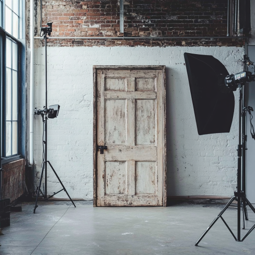Rustic freestanding door in bright photo studio 