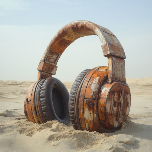 Rusty metal headphones in sand, like sandcrawler from movie.