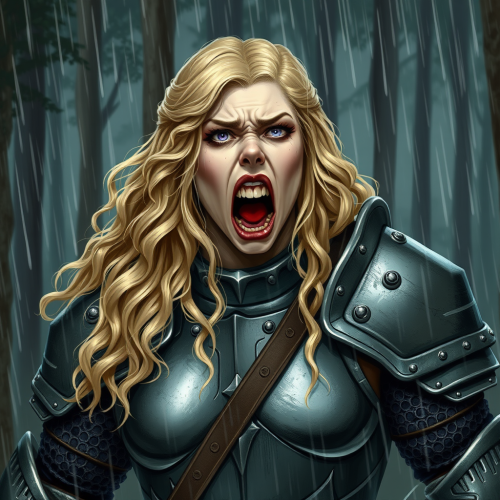 Sad Medieval Female Knight in the Rain