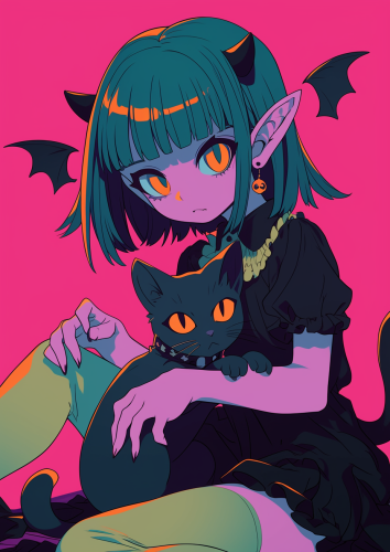 Sad Zombie Goth Girl with Cute Cat, Halloween Scene Sad Zombie Goth Girl with Cute Cat, Halloween Scene