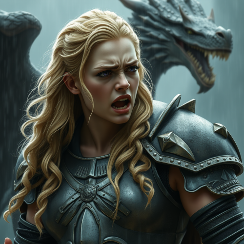 Sad strong female knight in armor with dragon.