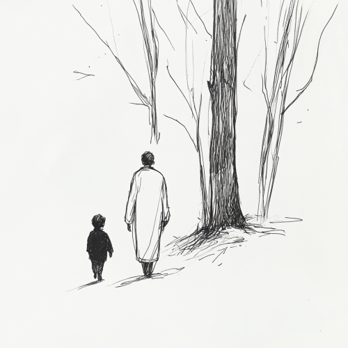 Sage and Child Walking Through Forest
