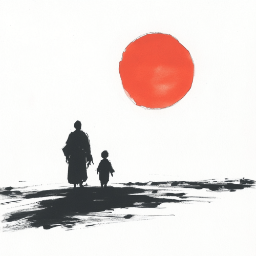Sage and Child Walking into Setting Sun