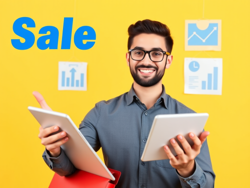 Salesman Showcasing Product on Yellow Background