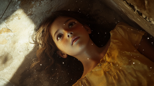 Sally, young girl with curly brown hair, gazing up, stars visible, yellow dress slightly dirty
