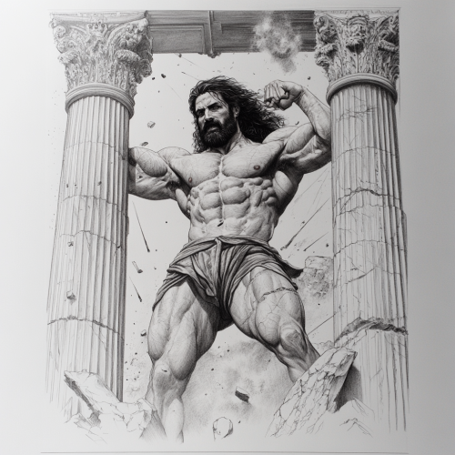 Samson destroying pillars in classic tattoo style