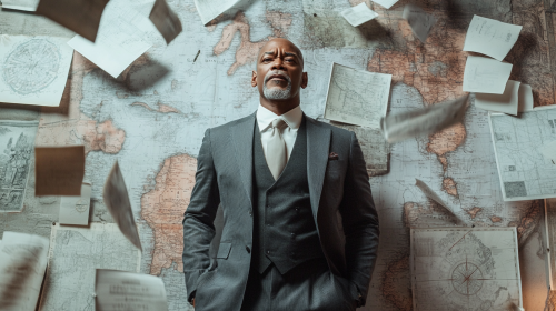 Samuel L Jackson in stylish suit with flying posters