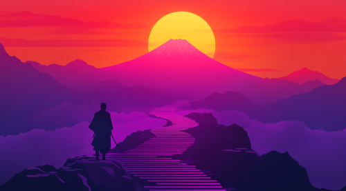 Samurai Below Staircase Leading to Mount Fuji Samurai Below Staircase Leading to Mount Fuji