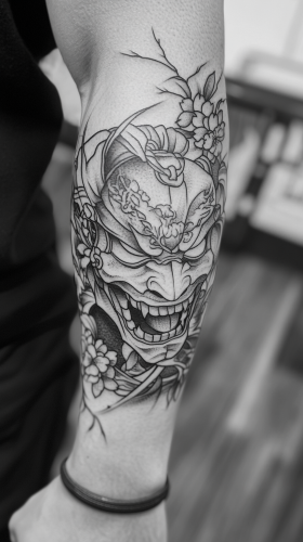 Samurai Hannya Mask Tattoo Design with Skull Outline