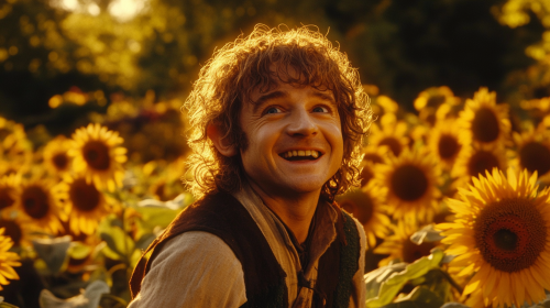 Samwise Gamgee standing in sunflower field, smiling warmly.