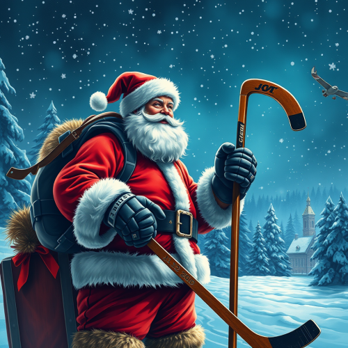 Santa's sleigh with hockey equipment for delivery.