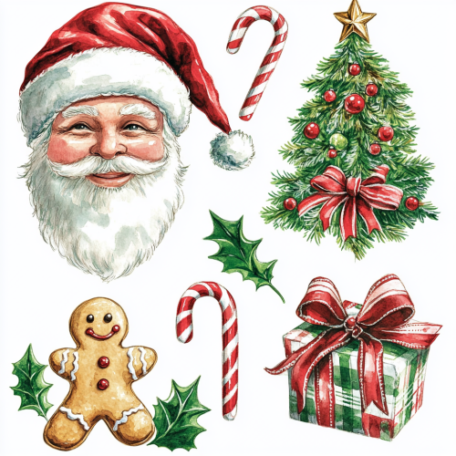 Santa, Gingerbread Man, Gifts and Holly Clipart