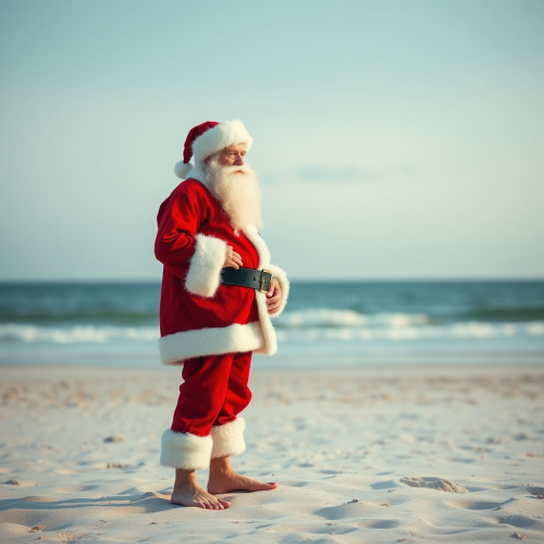 Santa Barefoot on Sandy Beach