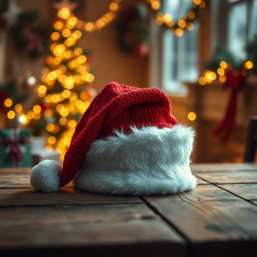 Santa Cap on Old Table with Blurry Christmas Scene