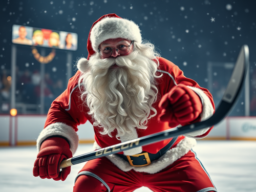 Santa Claus Enjoying a Game of Hockey