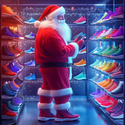 Santa Claus Shopping for Sneakers in Modern Showroom Santa Claus Shopping for Sneakers in Modern Showroom